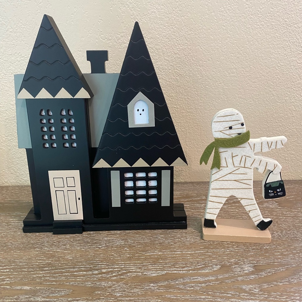 10” Wood Haunted House & Felt Mummy Halloween Sculpture from Hyde & EEK!